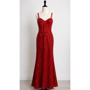 Pomuyoo Red Sequin Corset Maxi Dress Formal Prom Gown Size 12/14, 100x83